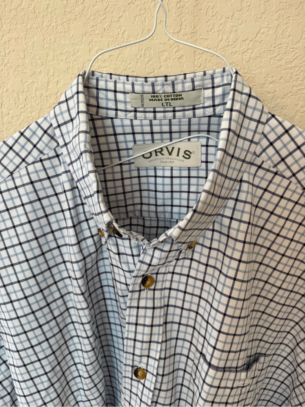 Orvis White, Light Blue  and Navy Windowpane Button-Down Shirt. Size LT